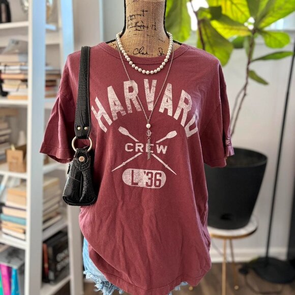 Harvard Crew Neck T-Shirt – Burgundy & White – Women’s Y2K Style - Picture 1 of 7